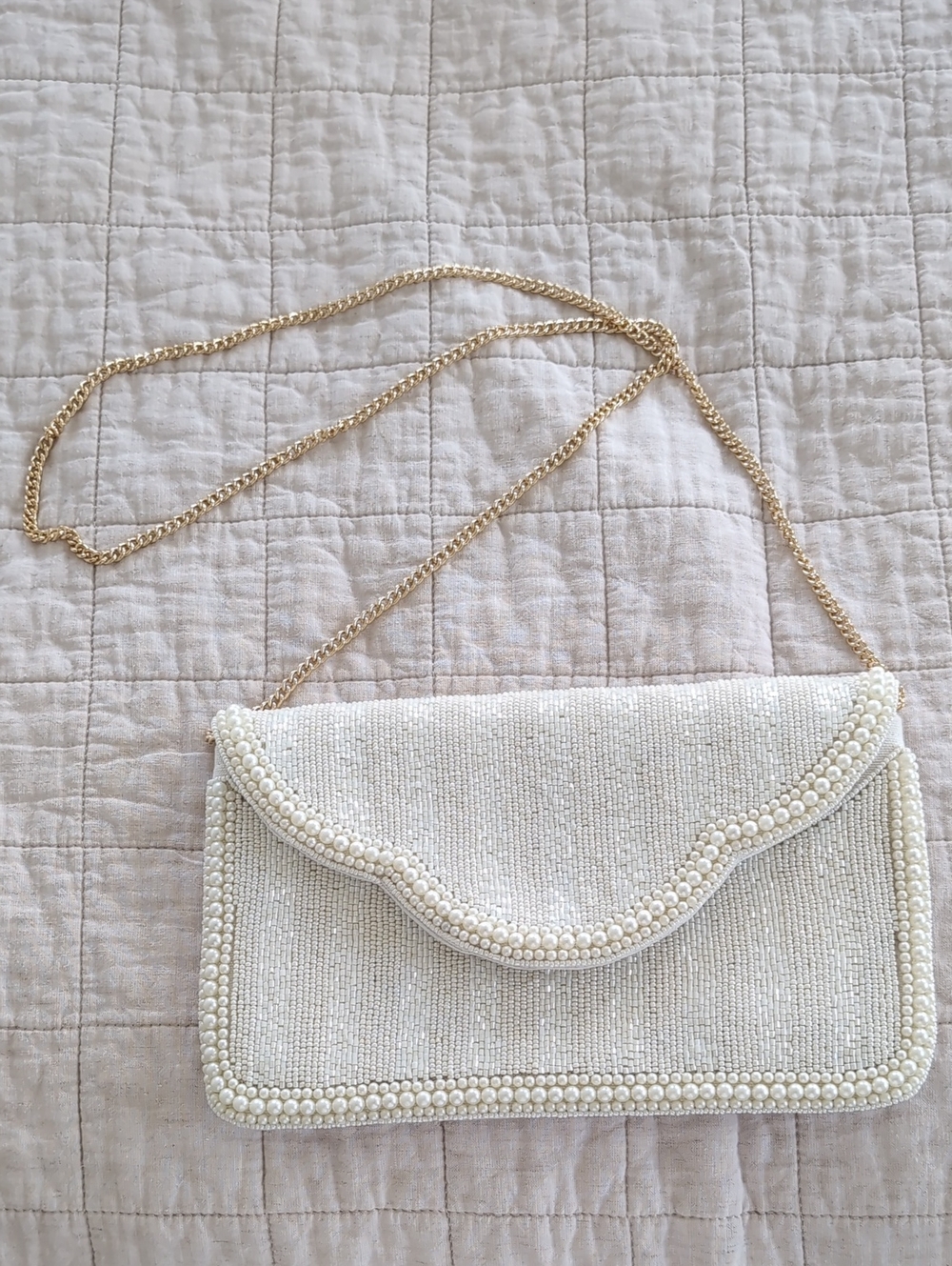Off White Beaded Clutch with Gold Chain